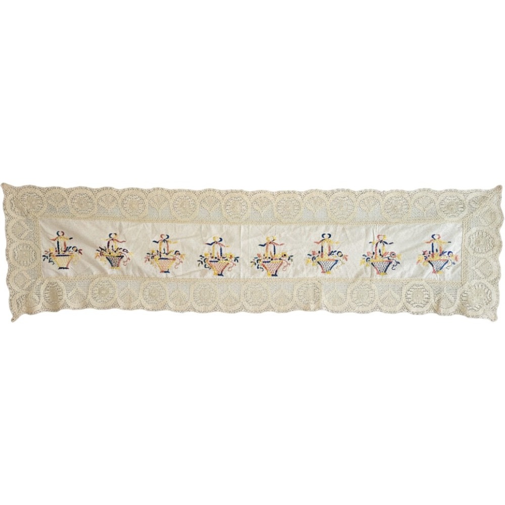 Antique Embroidered Flower Basket Table Dresser Runner Crochet Lace Trim Cream